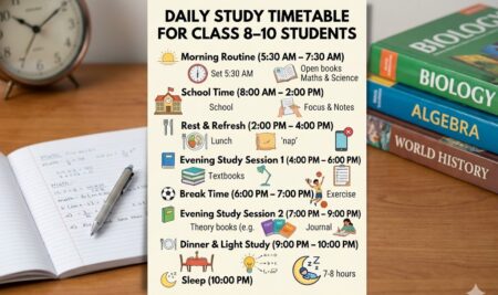 Daily Study Timetable for Class 8–10 Students